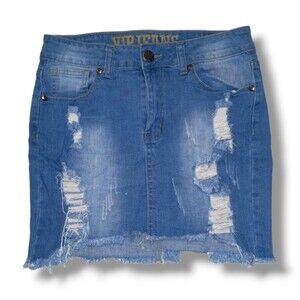VIP Jeans Distressed Denim Skirt-Medium-Micro Mini-Barbie Streetwear-Y2K-Raw Hem